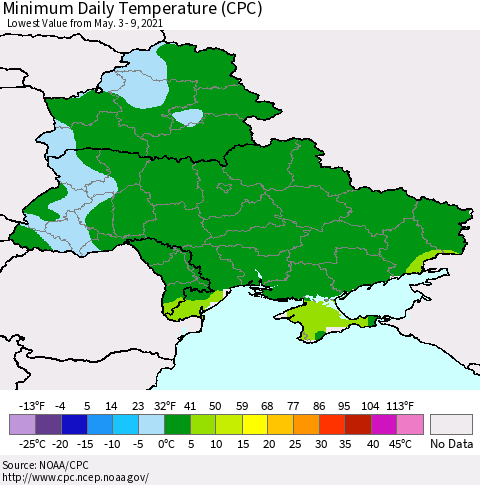 Ukraine, Moldova and Belarus Minimum Daily Temperature (CPC) Thematic Map For 5/3/2021 - 5/9/2021