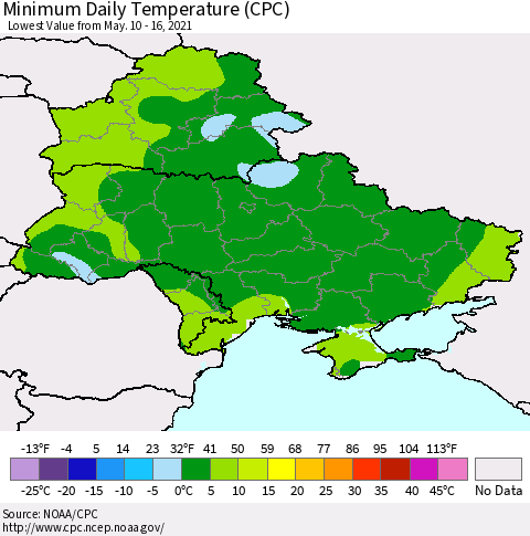 Ukraine, Moldova and Belarus Extreme Minimum Temperature (CPC) Thematic Map For 5/10/2021 - 5/16/2021