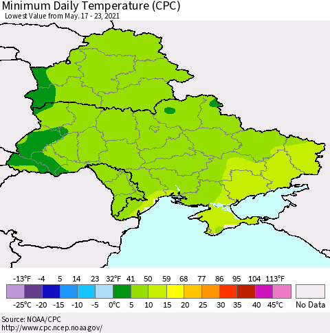 Ukraine, Moldova and Belarus Extreme Minimum Temperature (CPC) Thematic Map For 5/17/2021 - 5/23/2021
