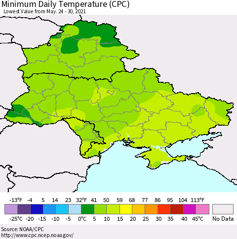 Ukraine, Moldova and Belarus Minimum Daily Temperature (CPC) Thematic Map For 5/24/2021 - 5/30/2021