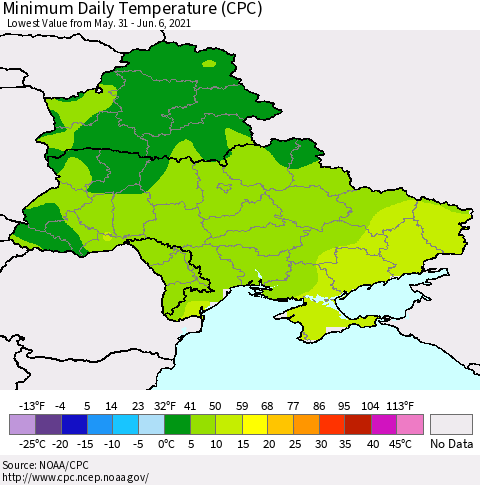Ukraine, Moldova and Belarus Extreme Minimum Temperature (CPC) Thematic Map For 5/31/2021 - 6/6/2021