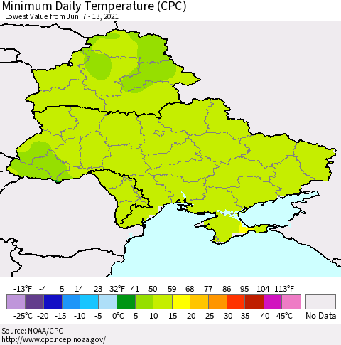 Ukraine, Moldova and Belarus Extreme Minimum Temperature (CPC) Thematic Map For 6/7/2021 - 6/13/2021