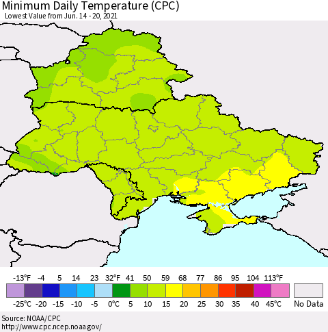 Ukraine, Moldova and Belarus Minimum Daily Temperature (CPC) Thematic Map For 6/14/2021 - 6/20/2021