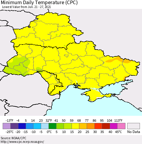 Ukraine, Moldova and Belarus Minimum Daily Temperature (CPC) Thematic Map For 6/21/2021 - 6/27/2021