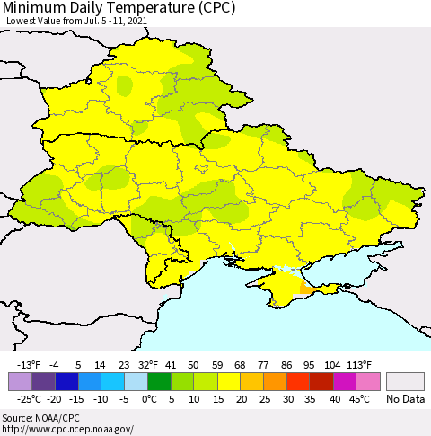 Ukraine, Moldova and Belarus Minimum Daily Temperature (CPC) Thematic Map For 7/5/2021 - 7/11/2021