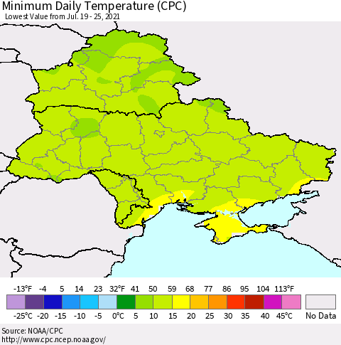 Ukraine, Moldova and Belarus Extreme Minimum Temperature (CPC) Thematic Map For 7/19/2021 - 7/25/2021
