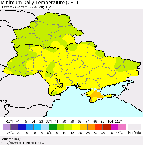 Ukraine, Moldova and Belarus Minimum Daily Temperature (CPC) Thematic Map For 7/26/2021 - 8/1/2021