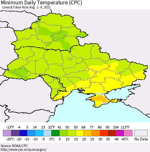Ukraine, Moldova and Belarus Minimum Daily Temperature (CPC) Thematic Map For 8/2/2021 - 8/8/2021