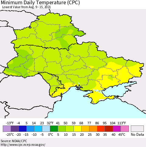 Ukraine, Moldova and Belarus Minimum Daily Temperature (CPC) Thematic Map For 8/9/2021 - 8/15/2021