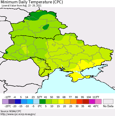 Ukraine, Moldova and Belarus Minimum Daily Temperature (CPC) Thematic Map For 8/23/2021 - 8/29/2021