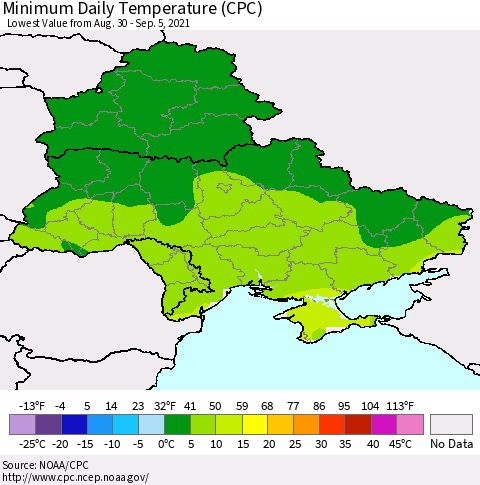 Ukraine, Moldova and Belarus Extreme Minimum Temperature (CPC) Thematic Map For 8/30/2021 - 9/5/2021