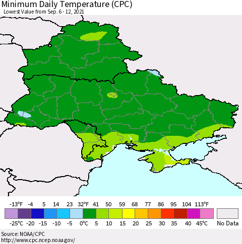Ukraine, Moldova and Belarus Extreme Minimum Temperature (CPC) Thematic Map For 9/6/2021 - 9/12/2021