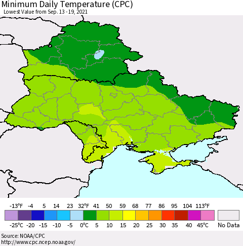 Ukraine, Moldova and Belarus Extreme Minimum Temperature (CPC) Thematic Map For 9/13/2021 - 9/19/2021