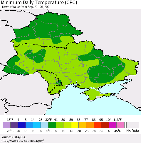 Ukraine, Moldova and Belarus Extreme Minimum Temperature (CPC) Thematic Map For 9/20/2021 - 9/26/2021
