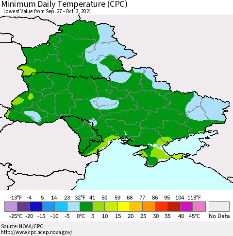 Ukraine, Moldova and Belarus Extreme Minimum Temperature (CPC) Thematic Map For 9/27/2021 - 10/3/2021