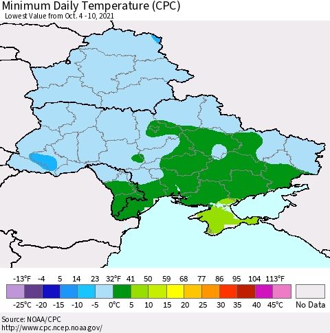 Ukraine, Moldova and Belarus Extreme Minimum Temperature (CPC) Thematic Map For 10/4/2021 - 10/10/2021