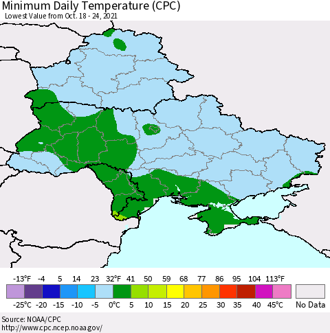 Ukraine, Moldova and Belarus Minimum Daily Temperature (CPC) Thematic Map For 10/18/2021 - 10/24/2021