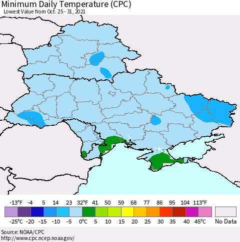 Ukraine, Moldova and Belarus Extreme Minimum Temperature (CPC) Thematic Map For 10/25/2021 - 10/31/2021