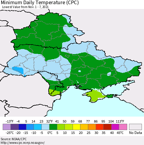 Ukraine, Moldova and Belarus Extreme Minimum Temperature (CPC) Thematic Map For 11/1/2021 - 11/7/2021