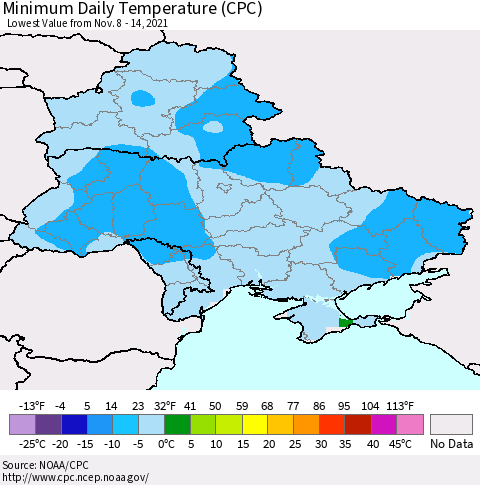 Ukraine, Moldova and Belarus Minimum Daily Temperature (CPC) Thematic Map For 11/8/2021 - 11/14/2021