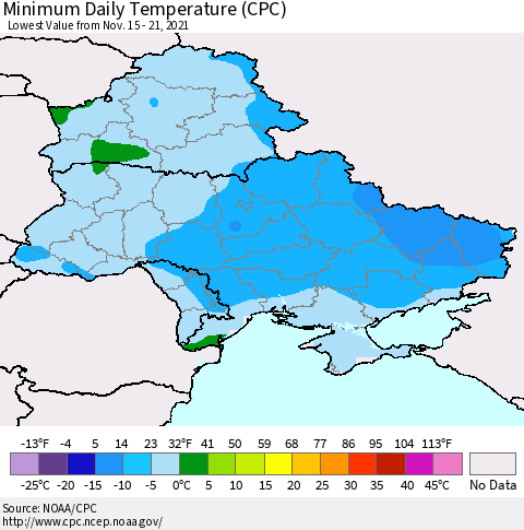 Ukraine, Moldova and Belarus Minimum Daily Temperature (CPC) Thematic Map For 11/15/2021 - 11/21/2021