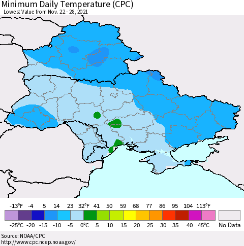 Ukraine, Moldova and Belarus Extreme Minimum Temperature (CPC) Thematic Map For 11/22/2021 - 11/28/2021