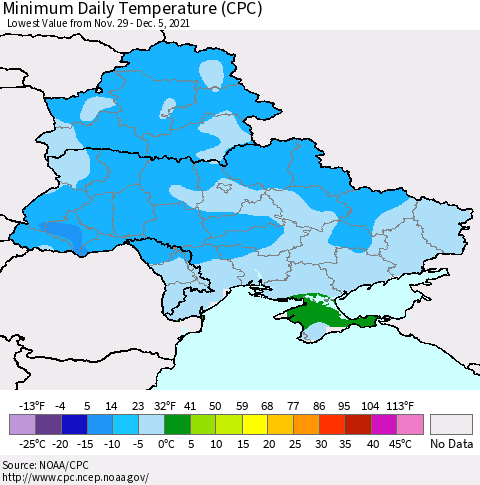 Ukraine, Moldova and Belarus Extreme Minimum Temperature (CPC) Thematic Map For 11/29/2021 - 12/5/2021