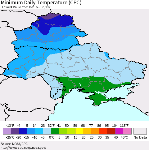 Ukraine, Moldova and Belarus Extreme Minimum Temperature (CPC) Thematic Map For 12/6/2021 - 12/12/2021