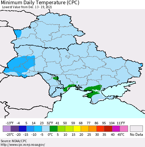 Ukraine, Moldova and Belarus Extreme Minimum Temperature (CPC) Thematic Map For 12/13/2021 - 12/19/2021