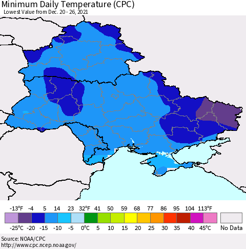 Ukraine, Moldova and Belarus Minimum Daily Temperature (CPC) Thematic Map For 12/20/2021 - 12/26/2021