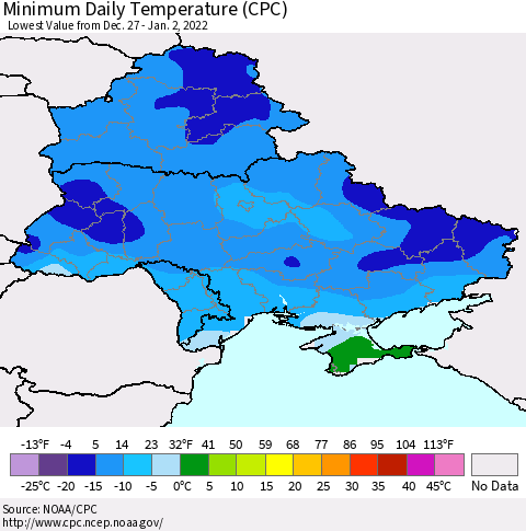 Ukraine, Moldova and Belarus Minimum Daily Temperature (CPC) Thematic Map For 12/27/2021 - 1/2/2022