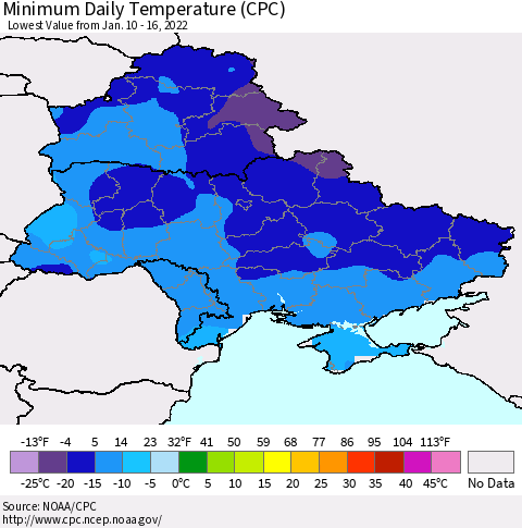 Ukraine, Moldova and Belarus Minimum Daily Temperature (CPC) Thematic Map For 1/10/2022 - 1/16/2022