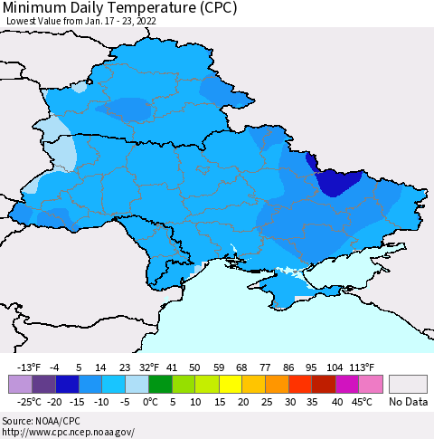Ukraine, Moldova and Belarus Minimum Daily Temperature (CPC) Thematic Map For 1/17/2022 - 1/23/2022