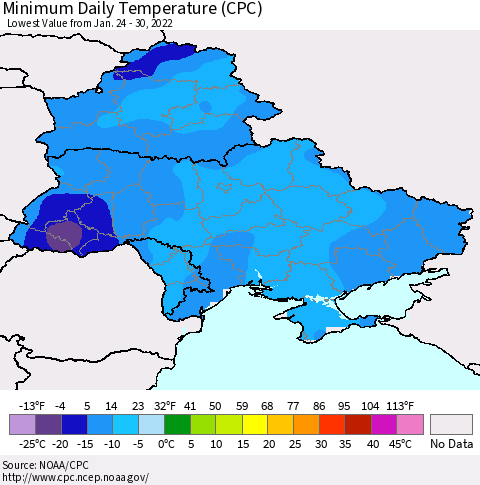 Ukraine, Moldova and Belarus Minimum Daily Temperature (CPC) Thematic Map For 1/24/2022 - 1/30/2022