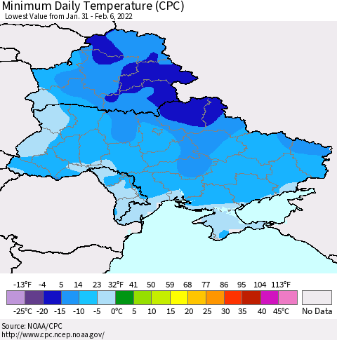 Ukraine, Moldova and Belarus Minimum Daily Temperature (CPC) Thematic Map For 1/31/2022 - 2/6/2022
