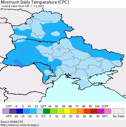 Ukraine, Moldova and Belarus Minimum Daily Temperature (CPC) Thematic Map For 2/7/2022 - 2/13/2022