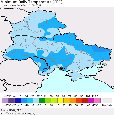 Ukraine, Moldova and Belarus Minimum Daily Temperature (CPC) Thematic Map For 2/14/2022 - 2/20/2022