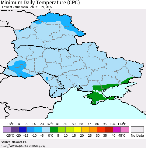 Ukraine, Moldova and Belarus Minimum Daily Temperature (CPC) Thematic Map For 2/21/2022 - 2/27/2022