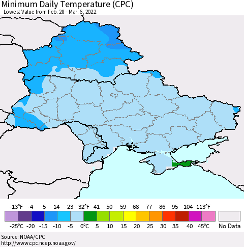 Ukraine, Moldova and Belarus Minimum Daily Temperature (CPC) Thematic Map For 2/28/2022 - 3/6/2022