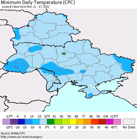 Ukraine, Moldova and Belarus Minimum Daily Temperature (CPC) Thematic Map For 3/21/2022 - 3/27/2022