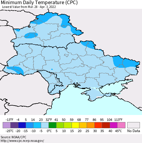 Ukraine, Moldova and Belarus Minimum Daily Temperature (CPC) Thematic Map For 3/28/2022 - 4/3/2022