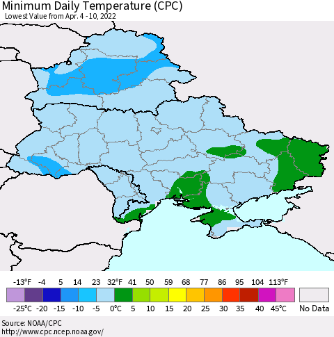 Ukraine, Moldova and Belarus Extreme Minimum Temperature (CPC) Thematic Map For 4/4/2022 - 4/10/2022