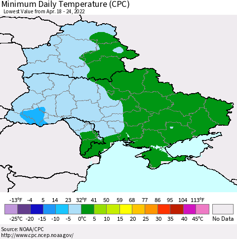 Ukraine, Moldova and Belarus Minimum Daily Temperature (CPC) Thematic Map For 4/18/2022 - 4/24/2022