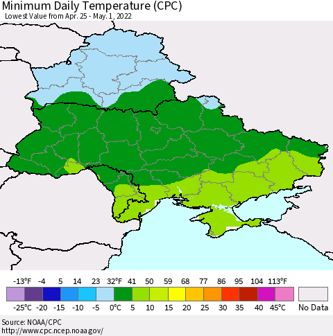 Ukraine, Moldova and Belarus Extreme Minimum Temperature (CPC) Thematic Map For 4/25/2022 - 5/1/2022