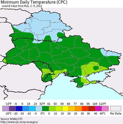 Ukraine, Moldova and Belarus Minimum Daily Temperature (CPC) Thematic Map For 5/2/2022 - 5/8/2022