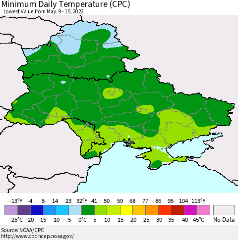 Ukraine, Moldova and Belarus Minimum Daily Temperature (CPC) Thematic Map For 5/9/2022 - 5/15/2022