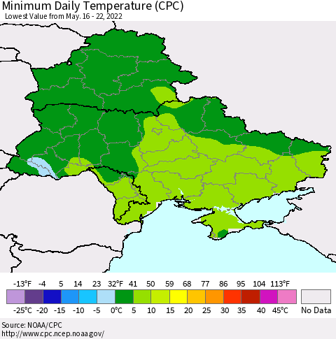 Ukraine, Moldova and Belarus Extreme Minimum Temperature (CPC) Thematic Map For 5/16/2022 - 5/22/2022