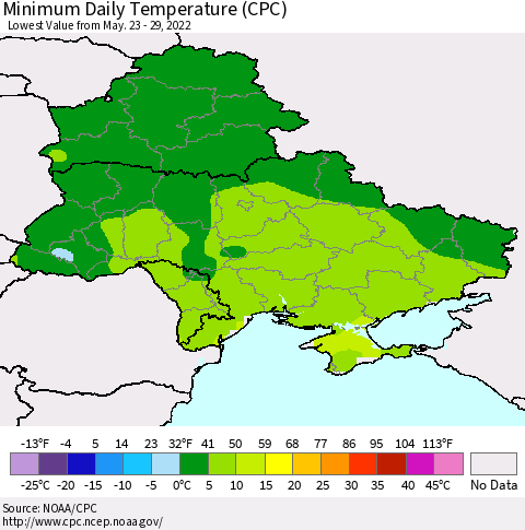 Ukraine, Moldova and Belarus Extreme Minimum Temperature (CPC) Thematic Map For 5/23/2022 - 5/29/2022