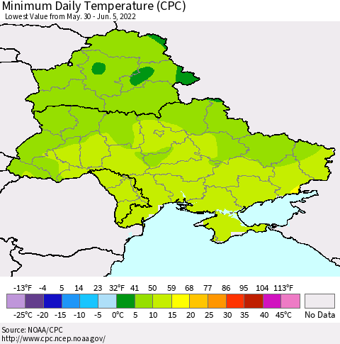 Ukraine, Moldova and Belarus Minimum Daily Temperature (CPC) Thematic Map For 5/30/2022 - 6/5/2022