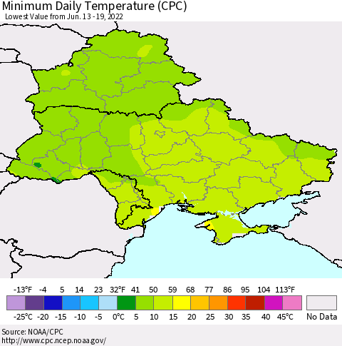 Ukraine, Moldova and Belarus Minimum Daily Temperature (CPC) Thematic Map For 6/13/2022 - 6/19/2022